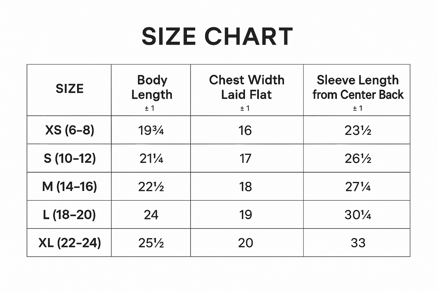 XS S M L XL
Body Length 19 3/4 21 1/4 22 1/2 24 25 1/2
Body Length Tolerance +/-1 +/-1 +/-1 +/-1 +/-1
Chest Tolerance +/-1 +/-1 +/-1 +/-1 +/-1
Chest Width (Laid Flat) 16 17 18 19 20
Numerical Sizes 6-8 10-12 14-16 18-20 22-24
Sleeve Length (From Center Back) 23 1/2 26 1/2 27 3/4 30 1/4 33
Sleeve Tolerance +/-1 +/-1 +/-1 +/-1 +/-1