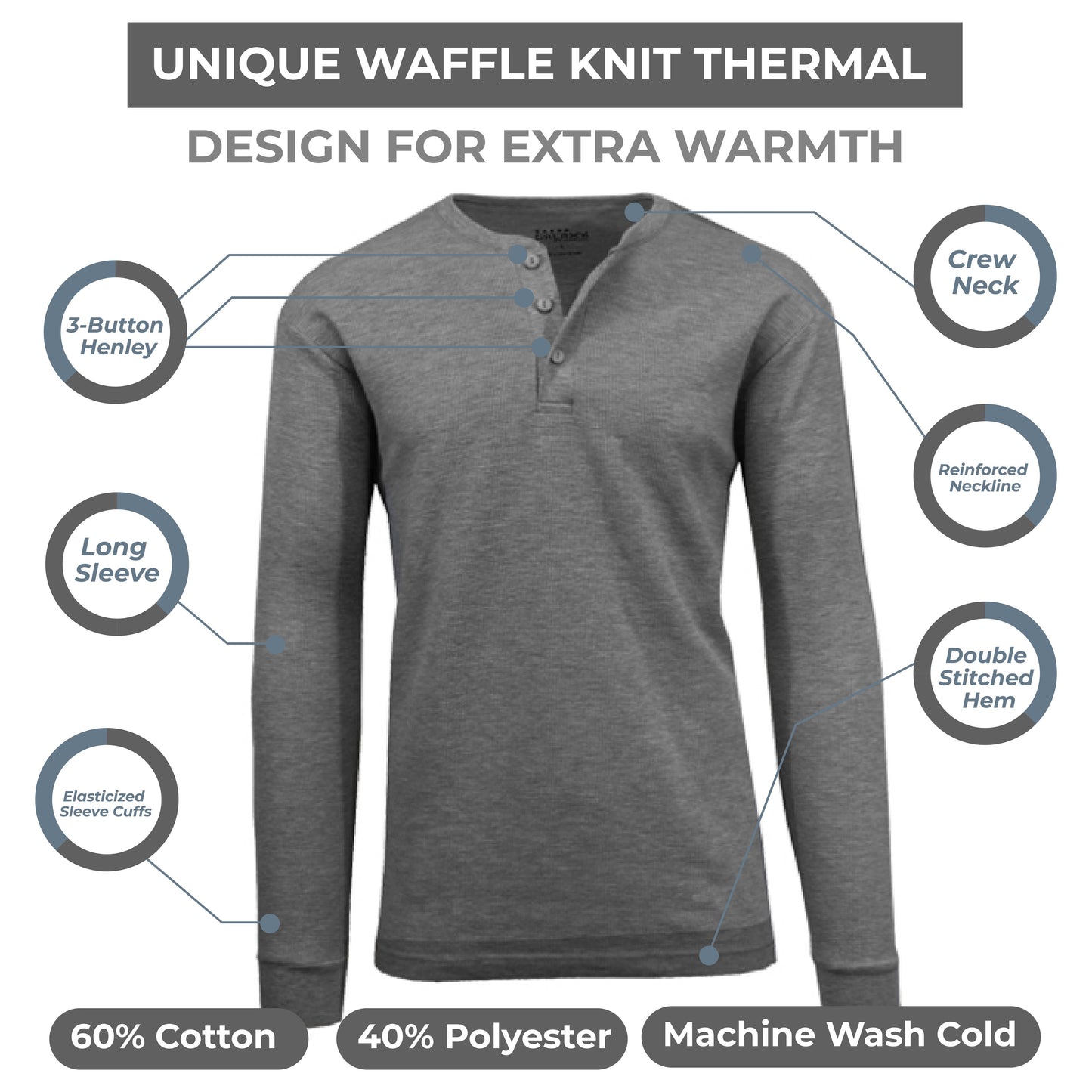 Men's Long Sleeve Waffle-Knit Henley Thermals Shirts