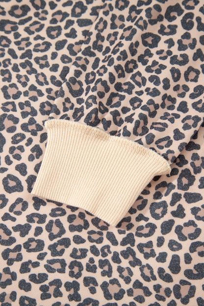 Multicolour Leopard Print High Neck Long Sleeve Ribbed Cuffs Hem Sweatshirt