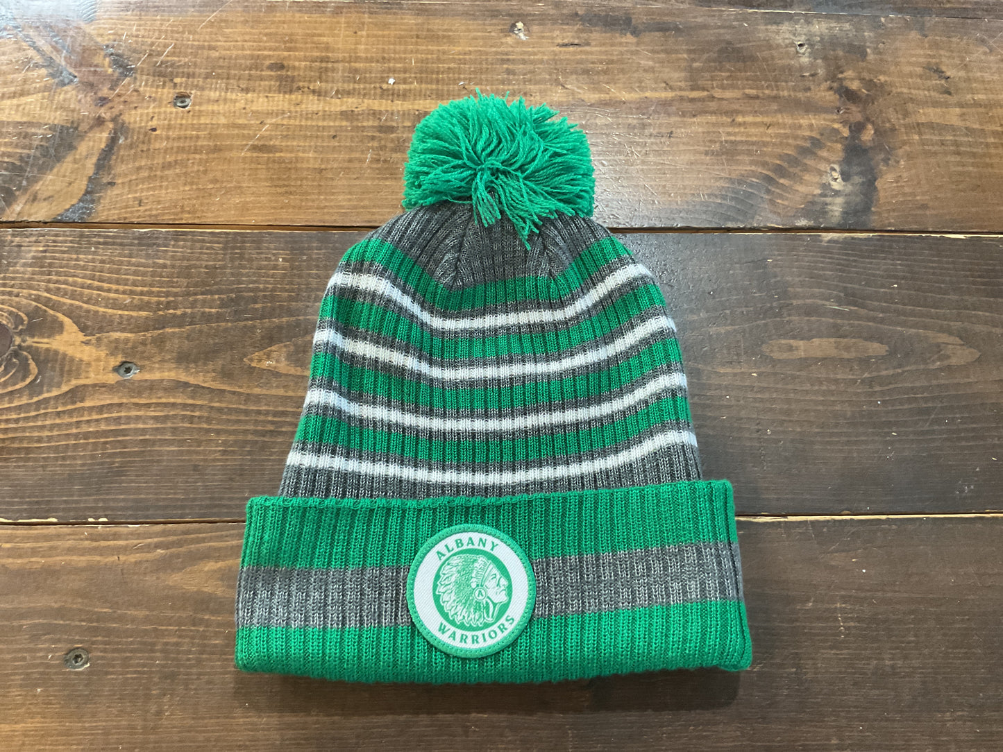 Green Gray Stripe Warrior Pom Stocking Hat
