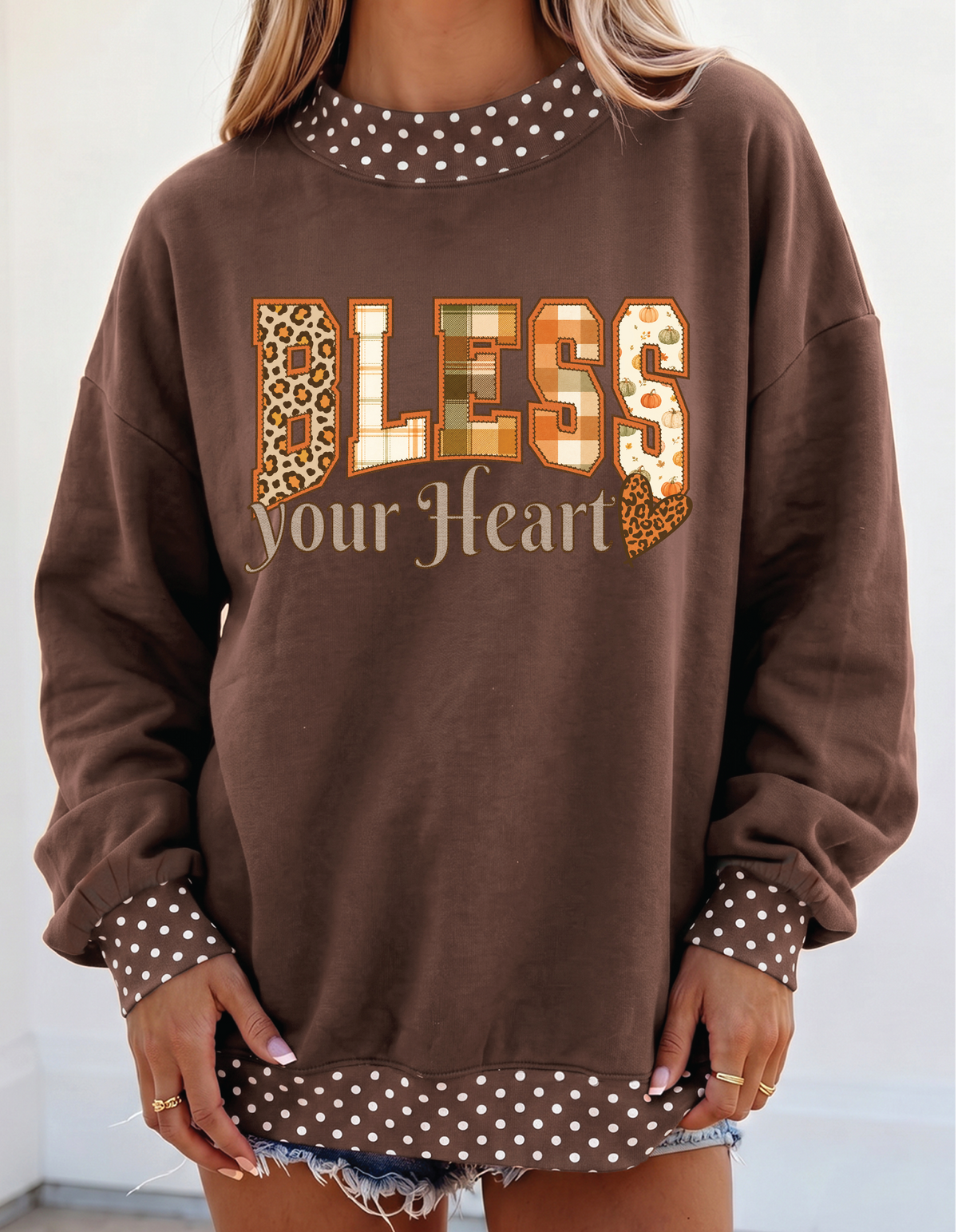 Coffee Colorblock Polka Dot Contrast Trim Oversized Sweatshirt