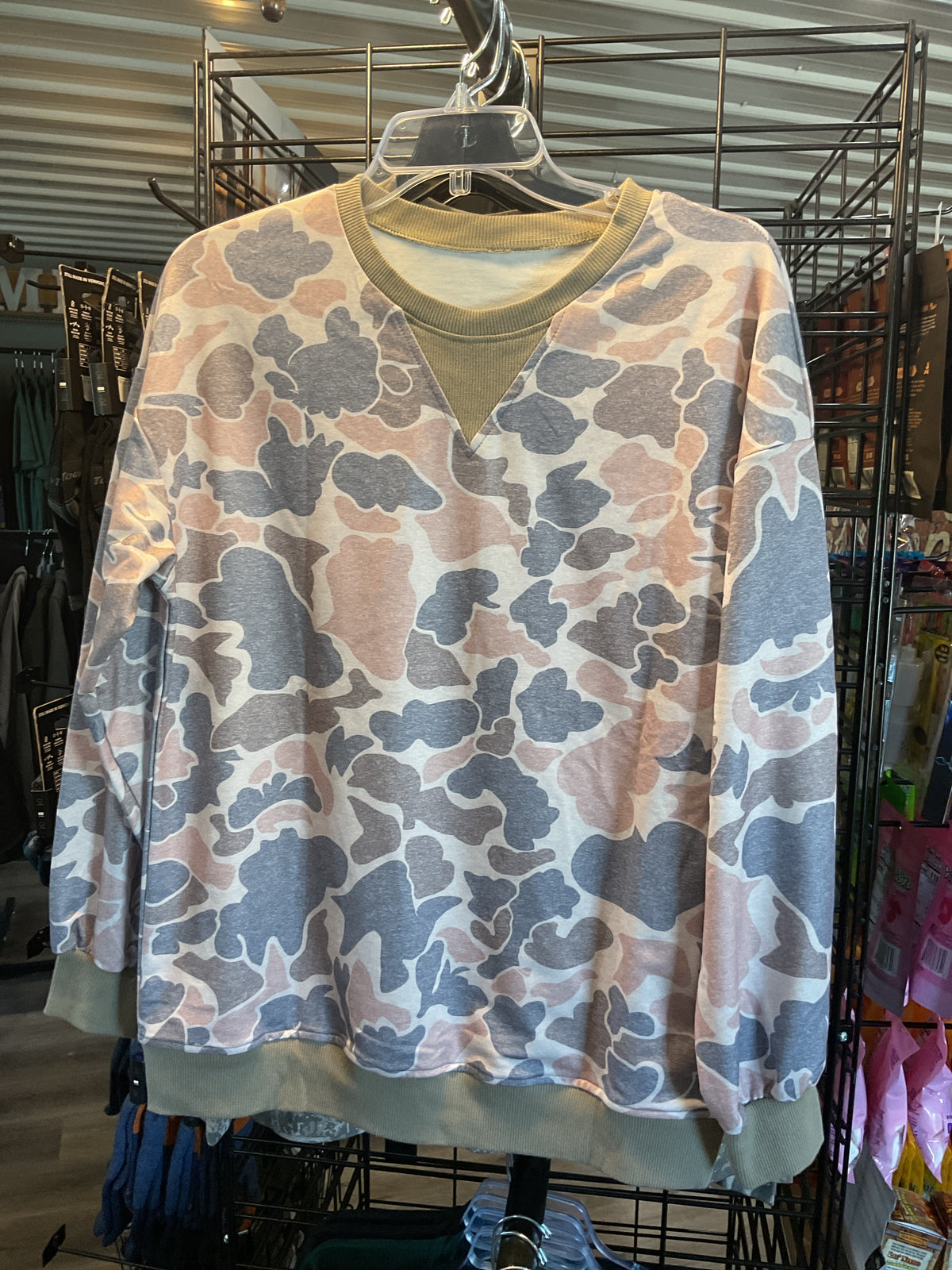Camo Print Ribbed Trim Casual Pullover Sweatshirt
