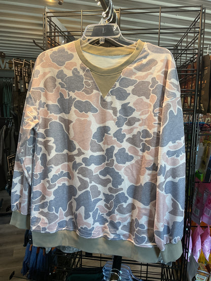 Camo Print Ribbed Trim Casual Pullover Sweatshirt