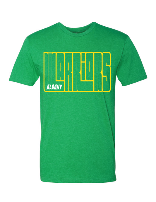 Green t-shirt with yellow 'WARRIORS' text on a white background