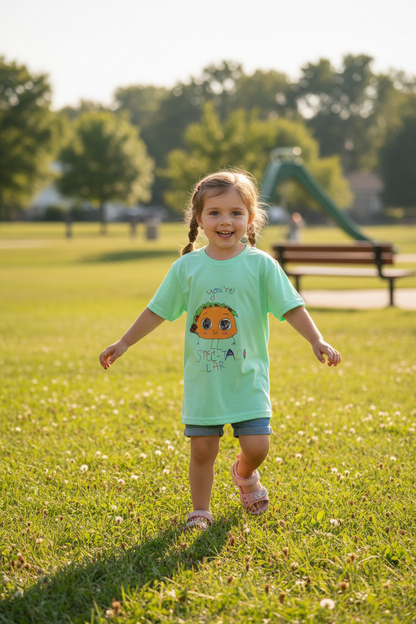 Light green t-shirt with a cartoon taco design.