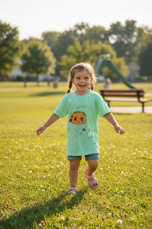 Light green t-shirt with a cartoon taco design.