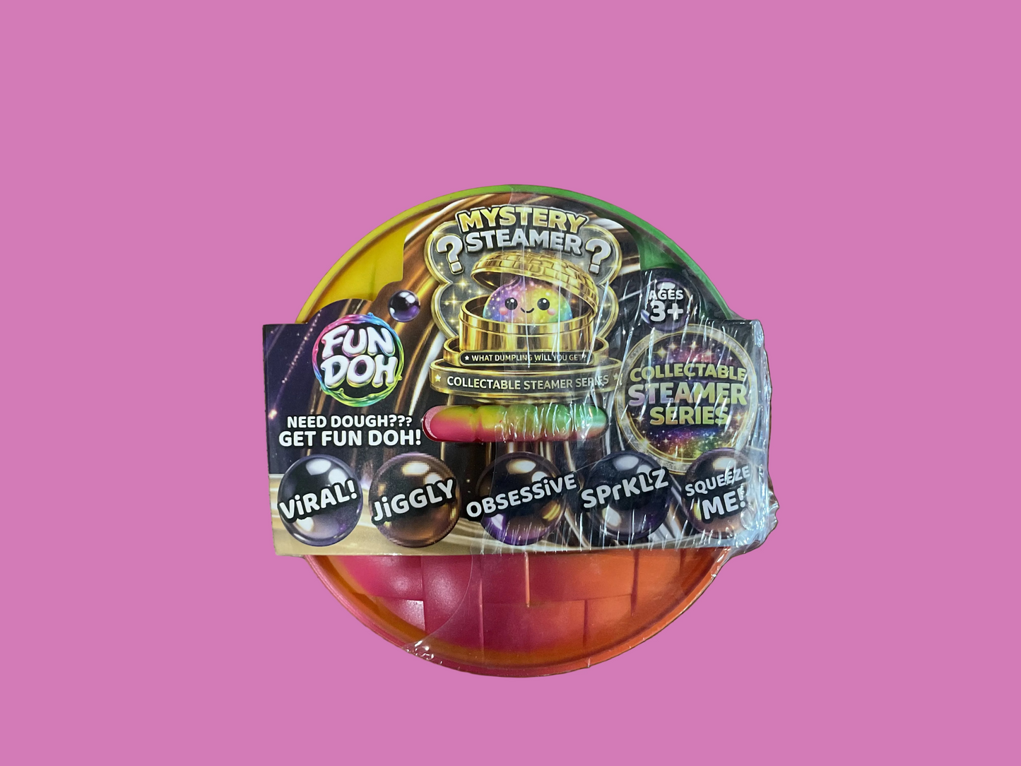 Packaged toy with colorful labels on a wooden surface