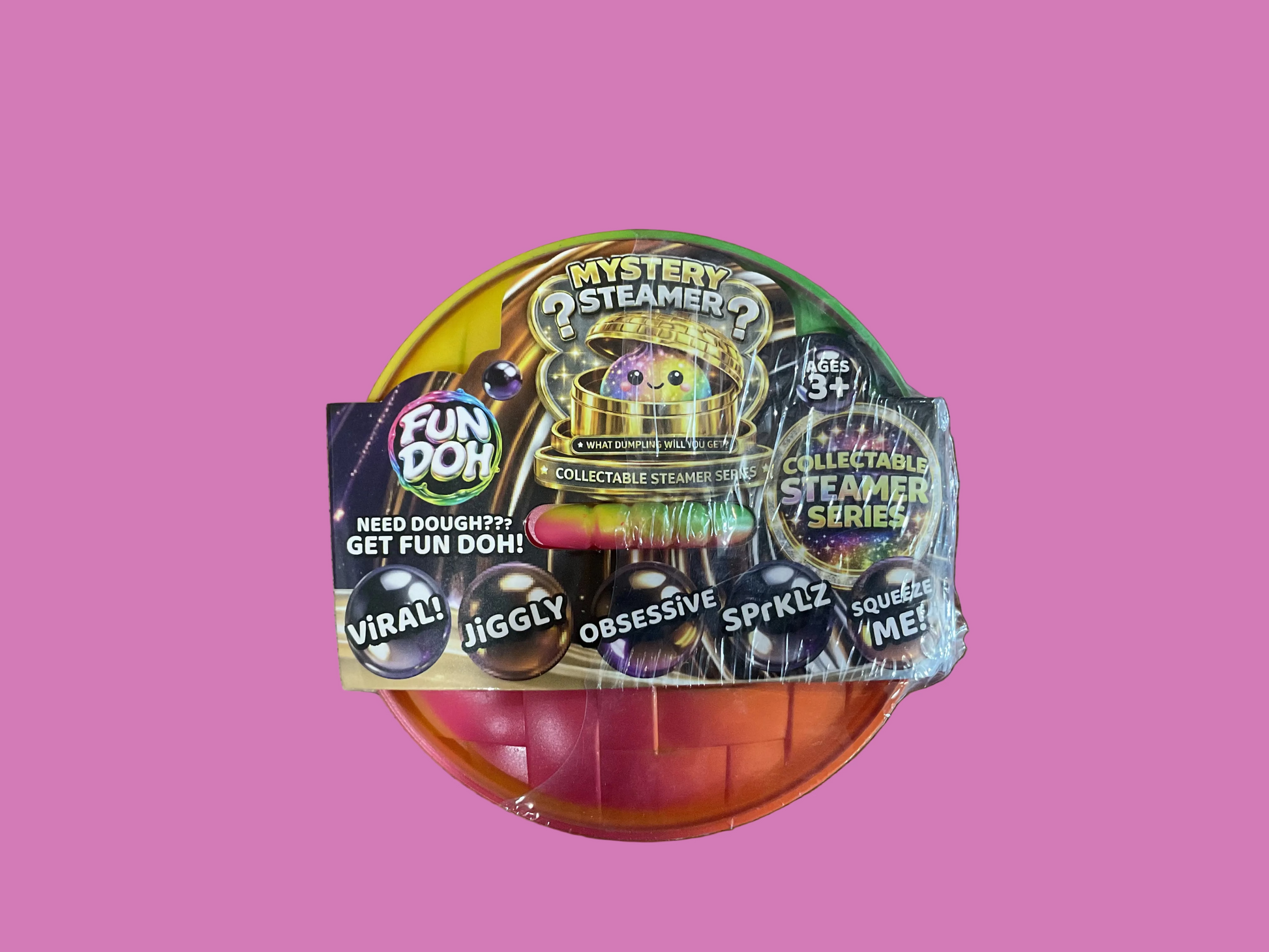 Packaged toy with colorful labels on a wooden surface