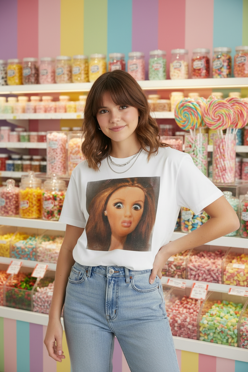 White t-shirt with a graphic of a doll's face on a white background