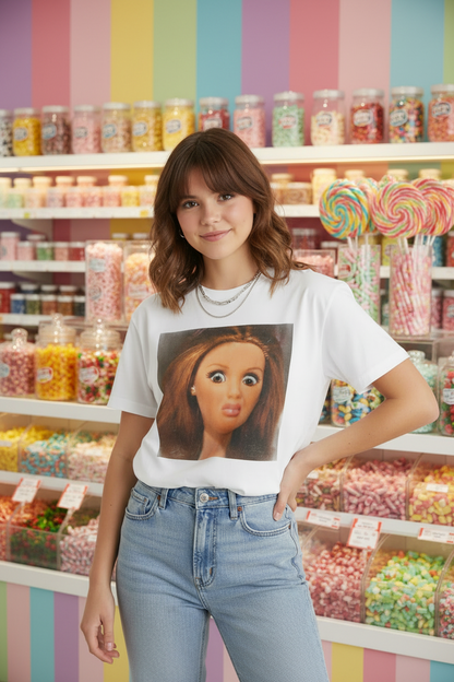 White t-shirt with a graphic of a doll's face on a white background