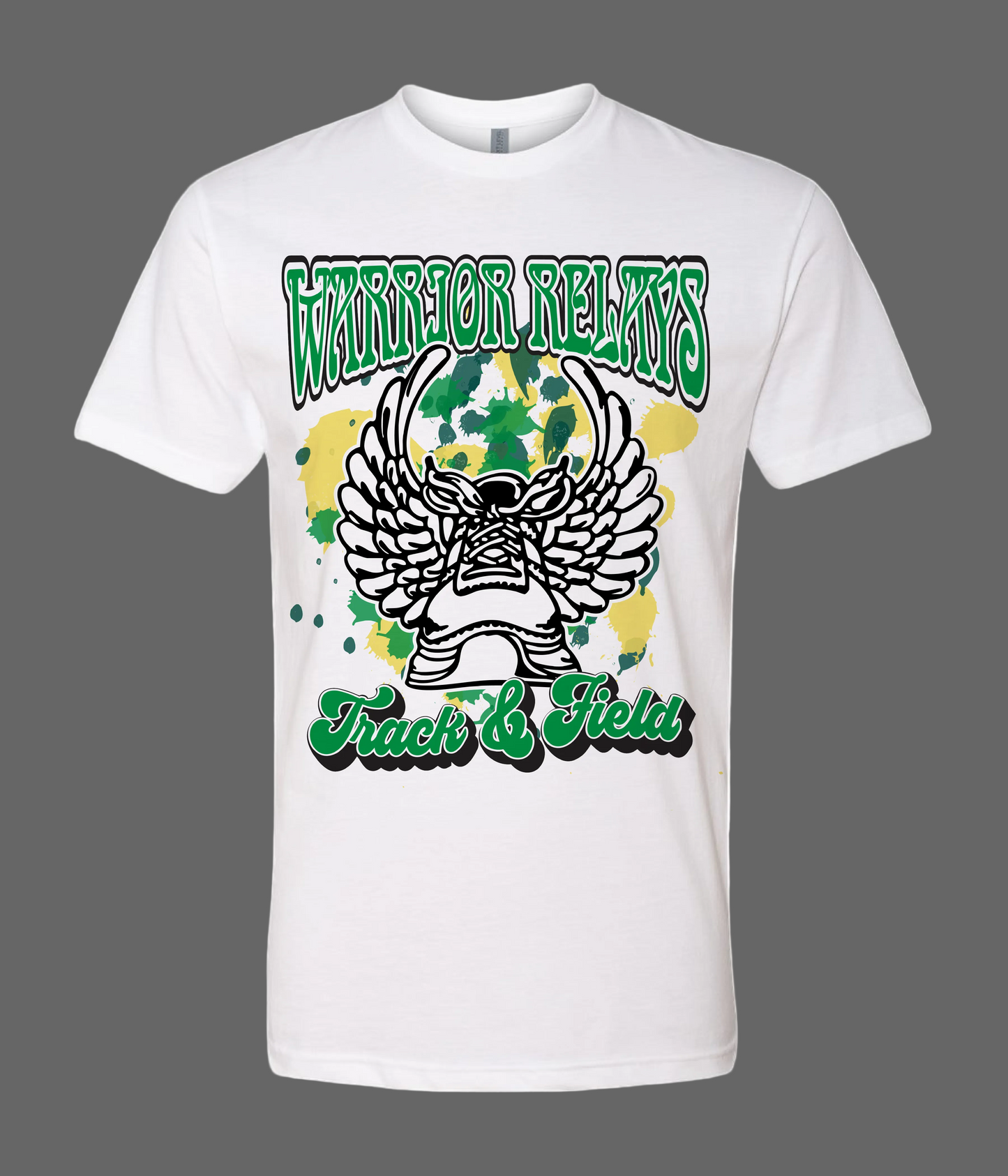 White t-shirt with 'Warrior Relays Track & Field' design featuring wings and green accents on a white background.