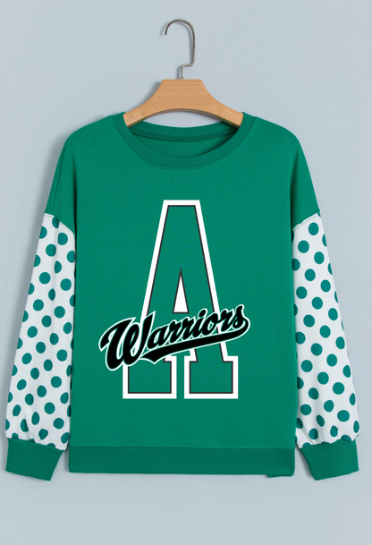 Warrior Polka Dot Patchwork Sleeve Crew Neck Loose Pullover Sweatshirt