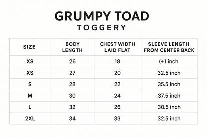 	XS	S	M	L	XL	2XL	3XL	4XL	5XL
Body Length	26	27	28	29	30	31	32	33	34
Body Length Tolerance	+/-1	+/-1	+/-1	+/-1	+/-1	+/-1	+/-1	+/-1	+/-1
Chest Tolerance	+/-1	+/-1	+/-1	+/-1	+/-1	+/-1	+/-1	+/-1	+/-1
Chest Width (Laid Flat)	18	20	22	24	26	28	30	32	34
Sleeve Length (From Center Back)	32 1/2	33 1/2	34 1/2	35 1/2	36 1/2	37 1/2	38 1/2	39 1/2	40 1/2
Sleeve Tolerance	+/-1	+/-1	+/-1	+/-1	+/-1	+/-1	+/-1	+/-1	+/-1